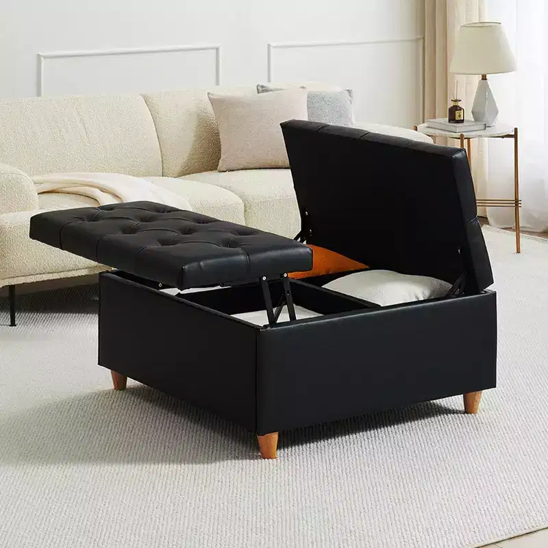 Leather Storage Ottoman Coffee Table with Lift Top, Faux Leather Tufted Upholstered Ottoman Bench for Bedroom Living Room