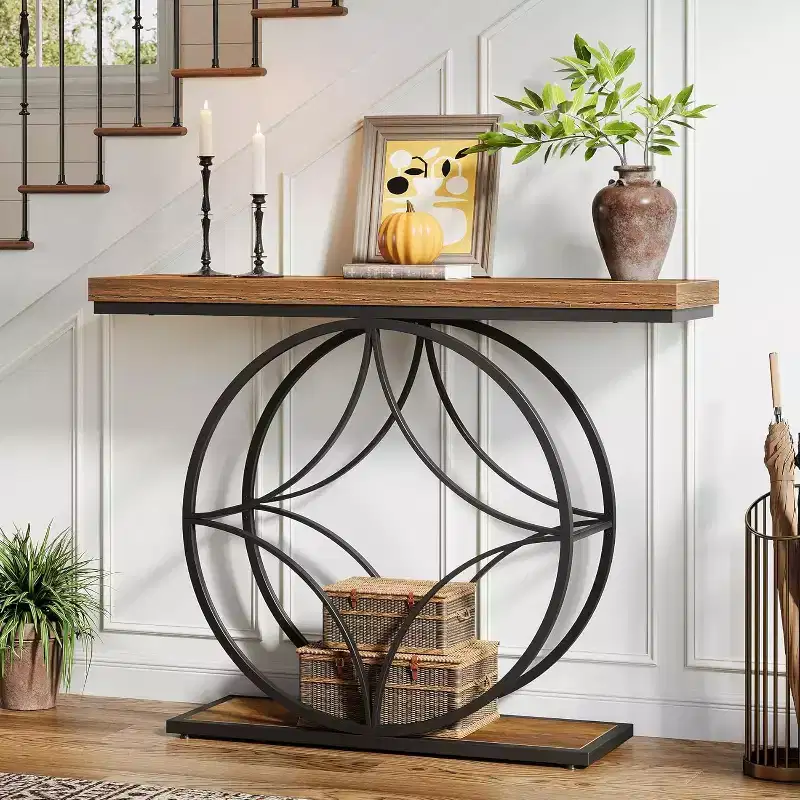 47Console Table,2-Tier Sofa Table with Geometric Metal Frame, Narrow Entryway Tables with Storage Shelf for Living Room, Rustic Brown