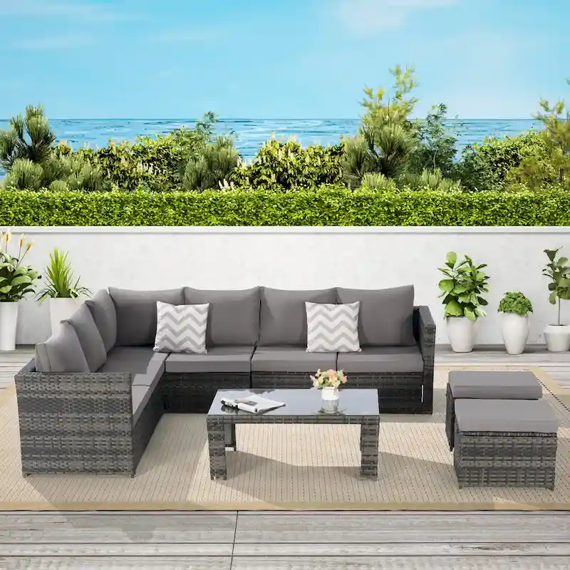 6-Piece Rattan Sectional Sofa Set with Glass Table