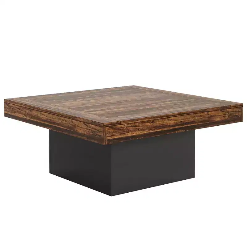 Square Coffee Table, Farmhouse Wood Cocktail Table with LED Light