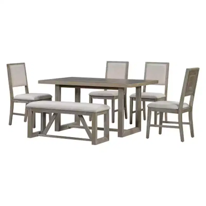 6-Piece Retro Dining Ensemble, Rectangular Table with Trestle Base and 4 Cushioned Chairs and 1 Bench, Perfect for Dining Rooms and Kitchens