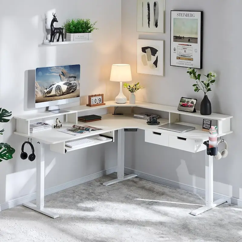 L-Shaped Electric Standing Desk, Height Adjustable, RGB LED, Carbon Fiber Black / Dark Rustic Oak / Antique White, 1-Person