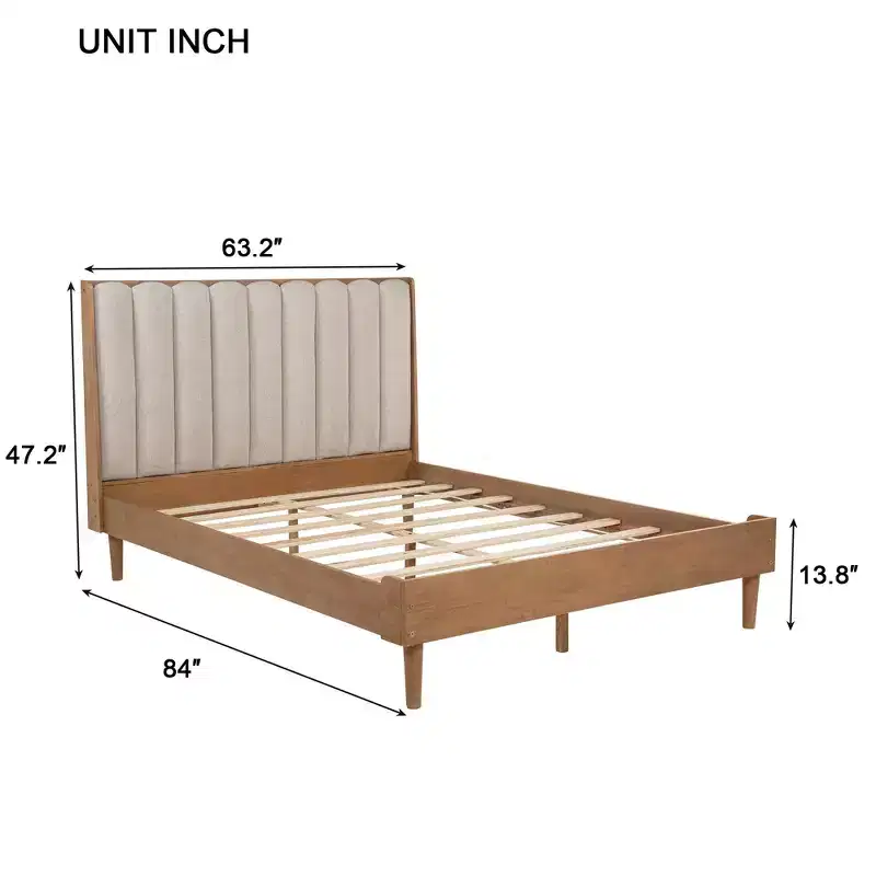 Queen Size Wood Bed with Piano Key Style Upholstered Headboard and Strengthened Bed Frame, Wheat