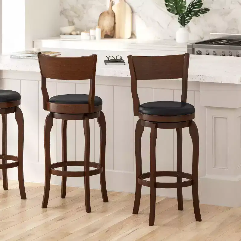 Merrick Lane 30 Classic Wooden Open Back Swivel Bar Height Pub Stool with Upholstered Padded Seat and Integrated Footrest