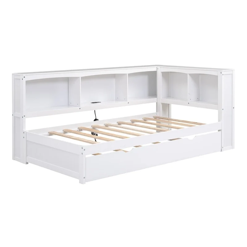 Twin Wooden Daybed with Trundle, Cabinets, and Charging Stations