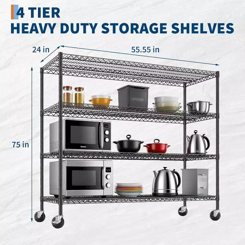 4-Tier Heavy Duty Wire Shelving Unit with Locking Wheels, Adjustable Shelves for Kitchen, Garage, Pantry, 2500 lbs Capacity