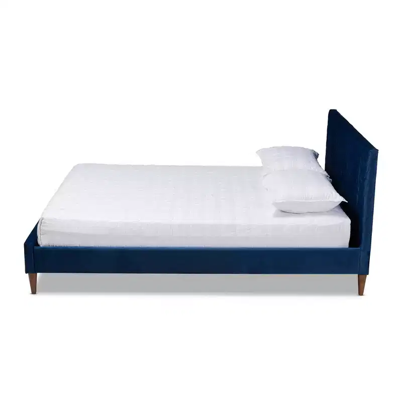 Queen Platform Bed Navy Blue: Mid-Century Design, Tapered Legs, Velvet Upholstery