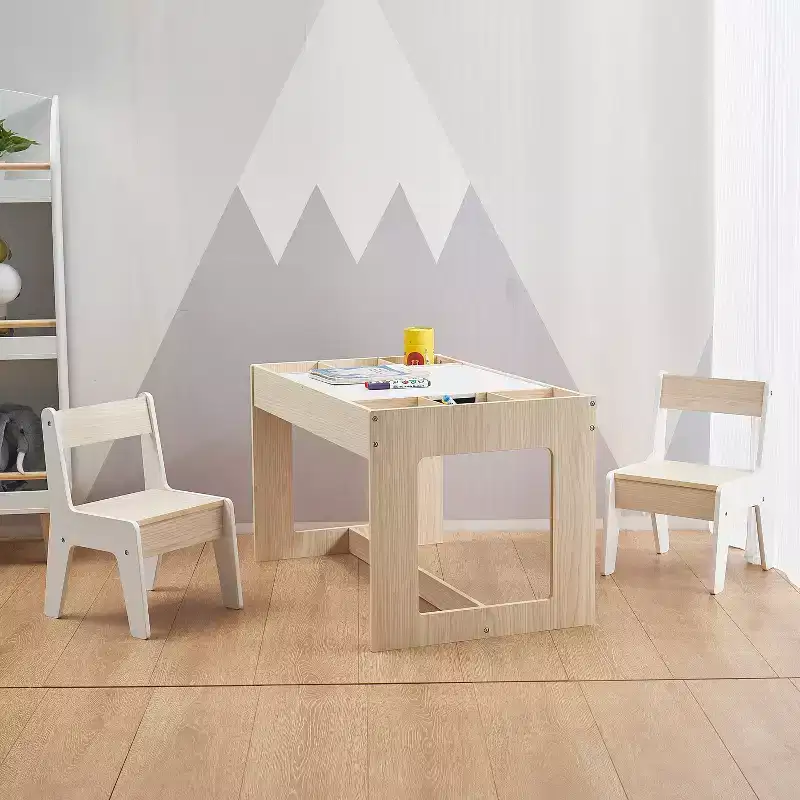 LuxenHome Drawing and Activity Board Children Table with 2 Chairs Set Brown