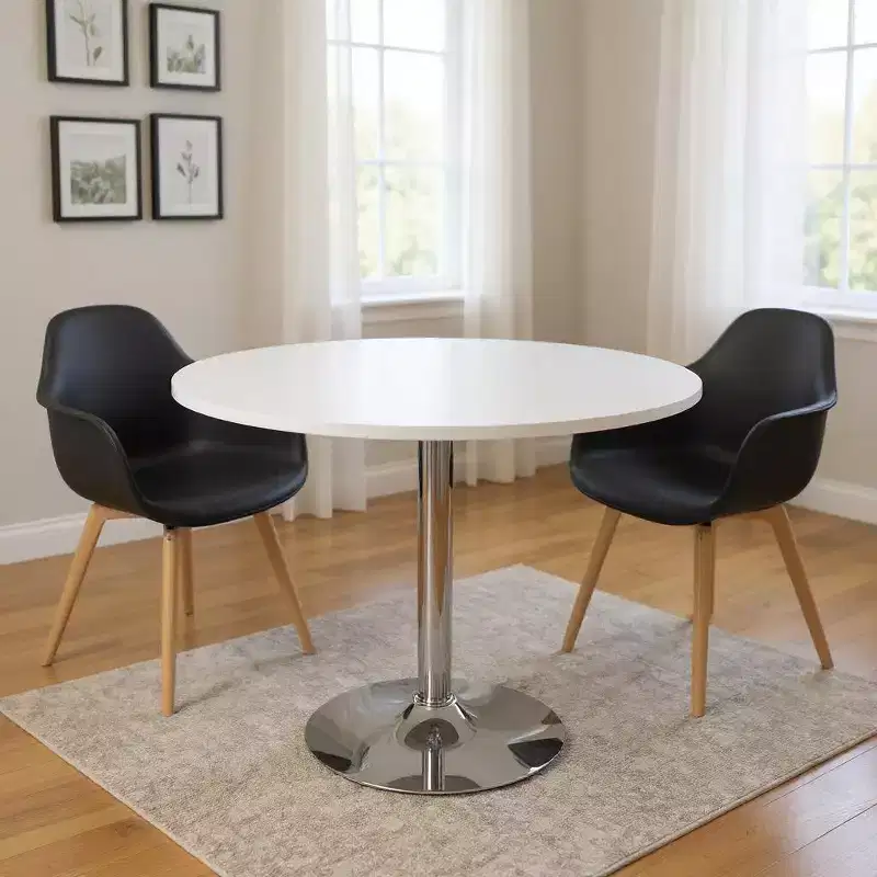 HomeRoots 36 Black and Silver Wood and Metal Pedestal Base Round Top Dining Table