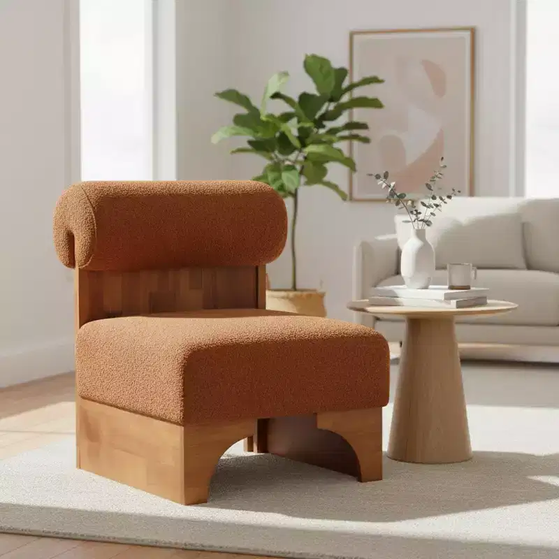 Boucle Accent Chair with Rolled Backrest & Solid Wood Base
