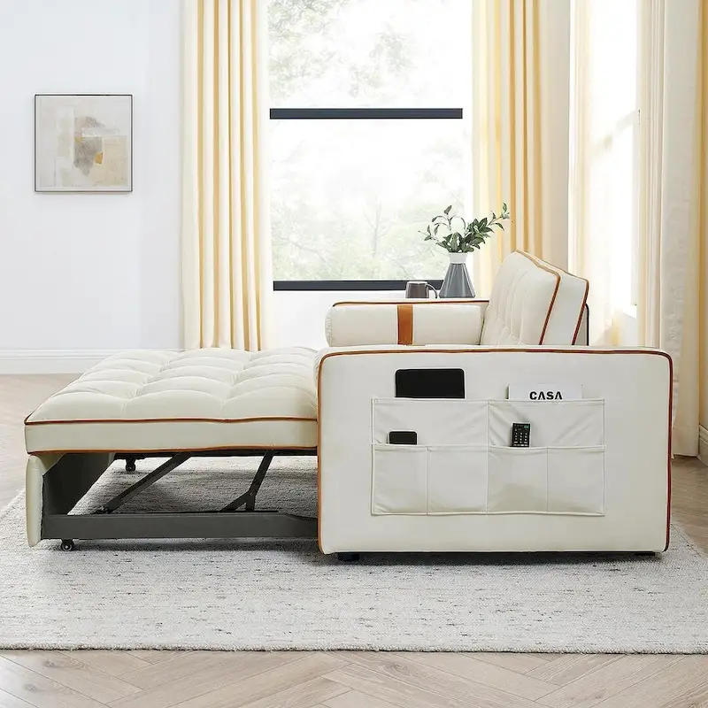 Velvet Multi-Functional Pull-Out Sofa Bed Adjustable Reclining Backrest With Pillows - N/A