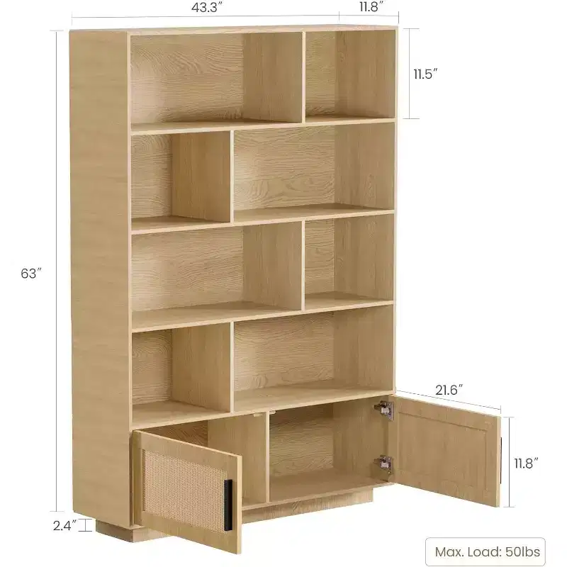 Acekool Rattan Bookshelf with Doors, 5-Tier Boho Farmhouse Storage Shelf, Enclosed Cabinet, Wooden Base, 63 Inch for Living Room Bedroom Office