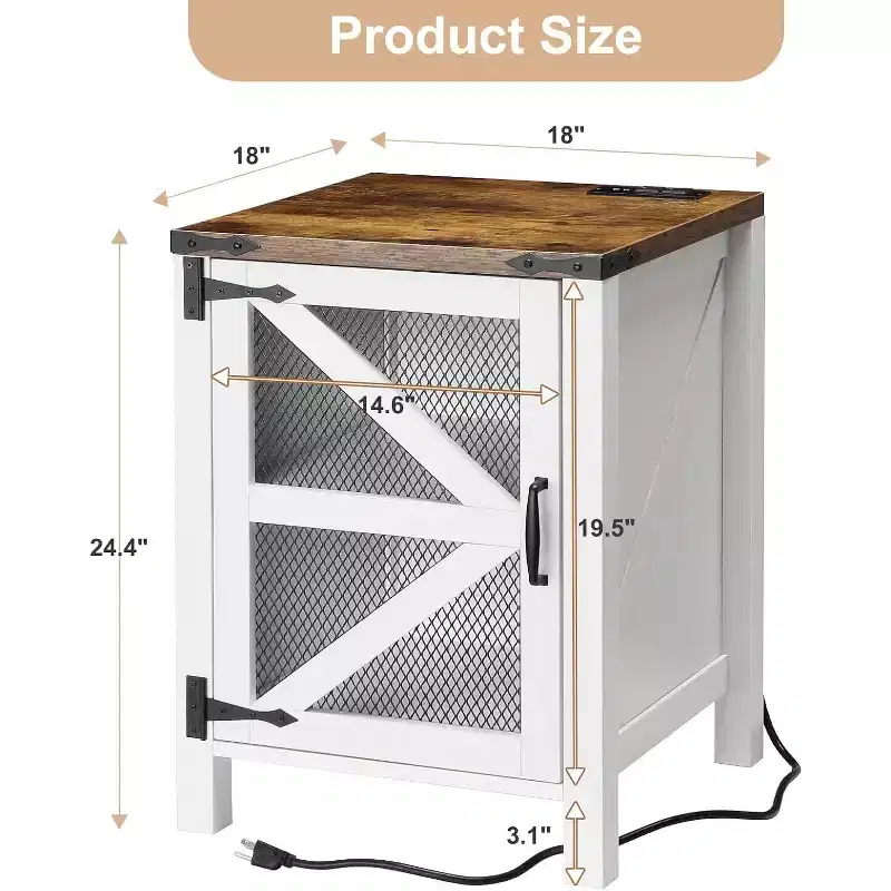 COZONY 24 Farmhouse Nightstand with Charging Station, Barn Door Adjustable Shelf, Rustic End Table for Bedroom Living Room