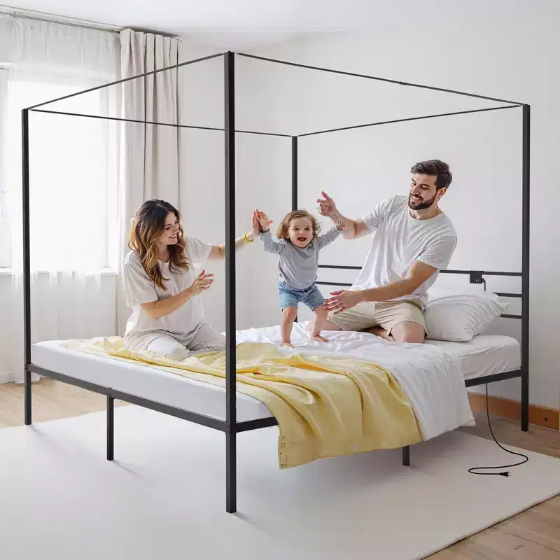 VEVOR King Size Canopy Bed Frame, Metal Canopy Bed with Charging Station and Four Posters Design, Heavy Duty Steel Slats Support, Black