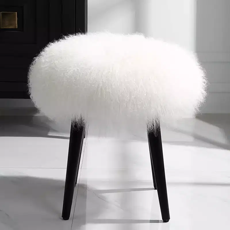 White Sheepskin Round Accent Stool - Tapered Black Wood Legs
