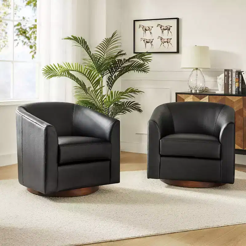 Set of 2 Modern Swivel Barrel Faux Leather Chair with Solid Wood Base, 30.5