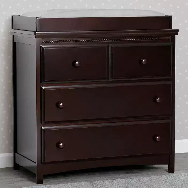 3 Drawer Dresser with Changing Top and Interlocking Drawers, Dark Chocolate