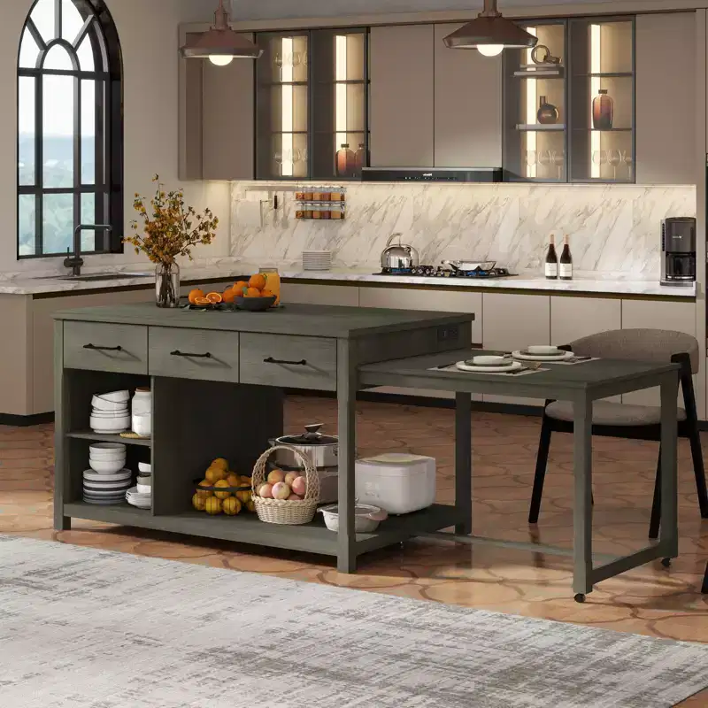 Extendable Kitchen Island with Storage and Power Outlets, Multi-Functional Retro Kitchen Cart on Wheels with Drawers and Open Shelves,Gray