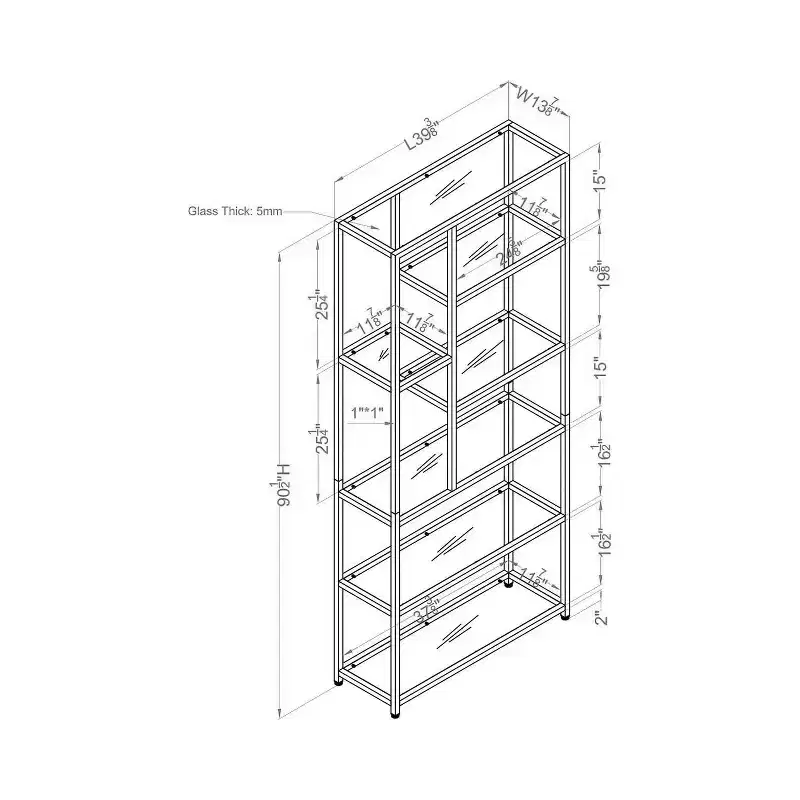 miBasics 90.5" Suncroft Glass Shelf Accent Bookcase Chrome: Luxury Glam Style, 7-Tier, Metallic Finish