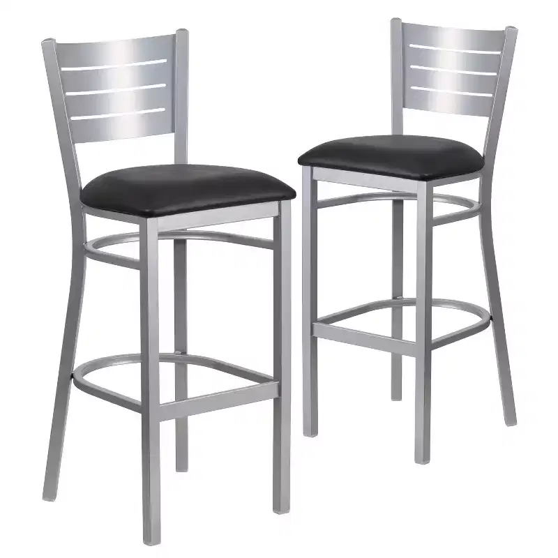 Emma and Oliver 2 Pack Silver Slat Back Metal Restaurant Barstool