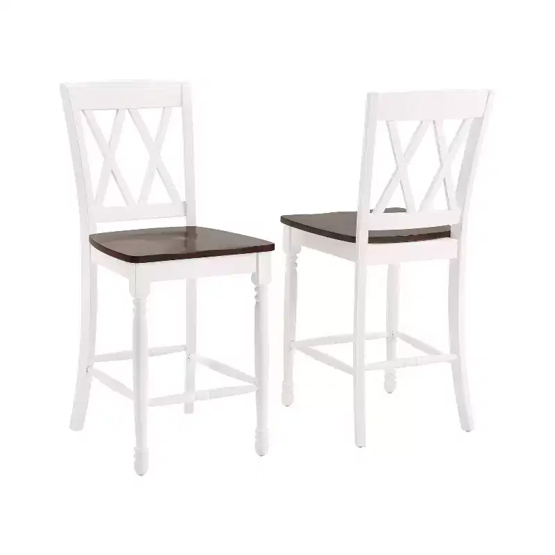 Set of 2 Counter Height Barstools Distressed White Rubberwood Frame, Non-Upholstered, Traditional Design