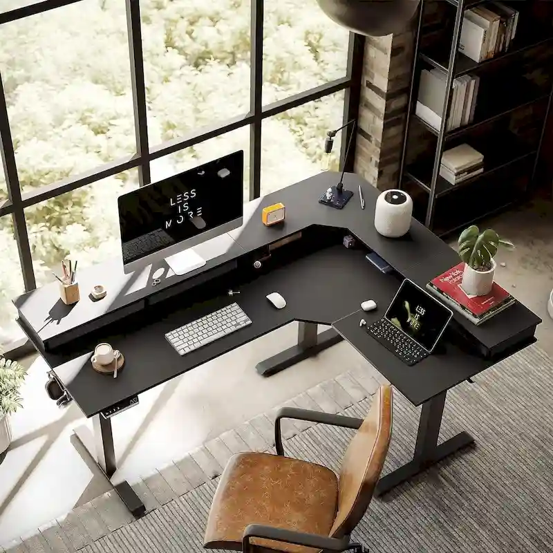 L-Shaped Electric Standing Desk with 3 Drawers & Lockable Casters, 63