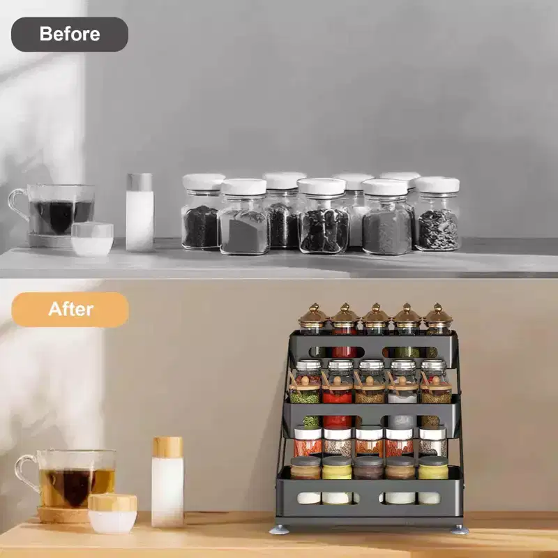 GustoWave 3 Floors Spice Rack Standing - Spice Rack Without Drills - Adjustable Black Spice Rack , Width 30x34.5x27.5cm