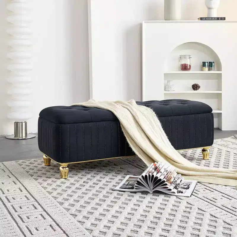 Storage Ottoman, Upholstered Velvet Fabric Storage Ottoman with Safety Hinge, Ottoman Bench for Living Room and Bedroom