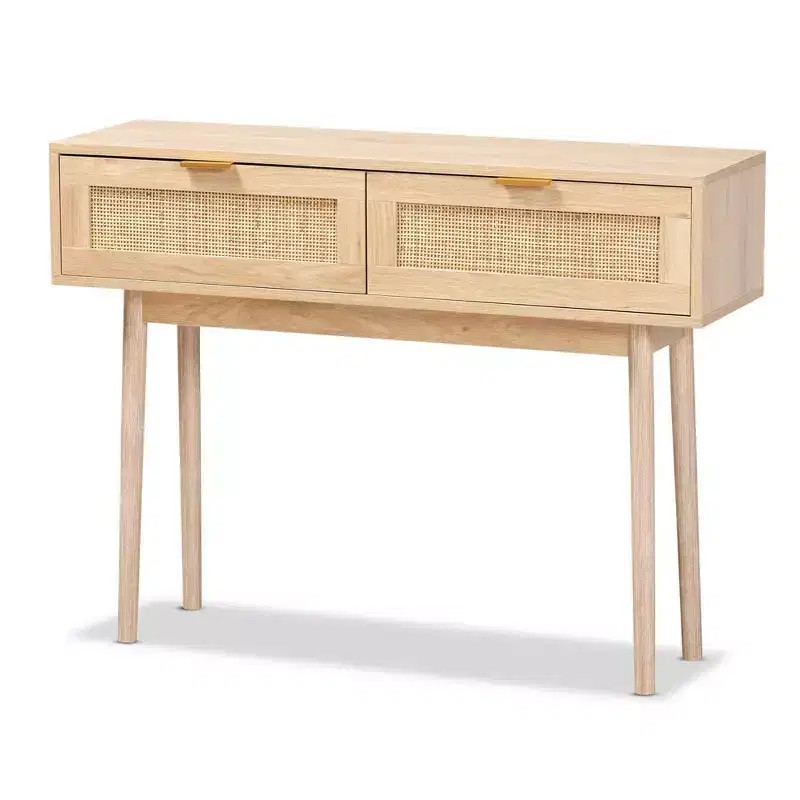 Wood and Rattan 2 Drawer Console Table Brown - Gold Tone Handles, Bohemian Style