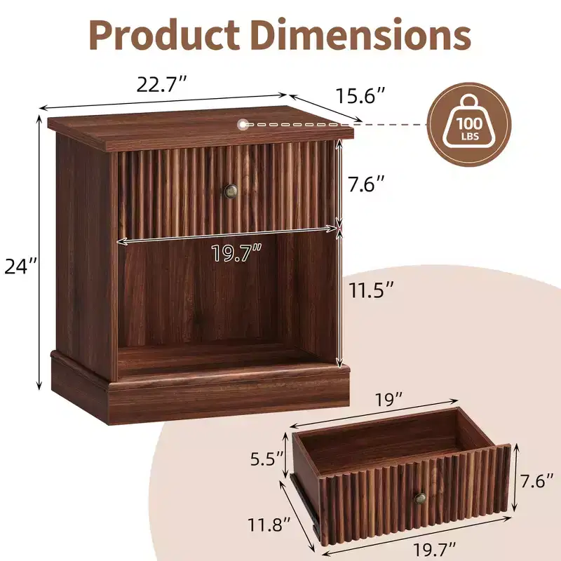 Fluted Nightstand with Drawer, Modern Side Table with Open Shelf, Space-Saving Bedside Table with Curved Base for Bedroom or Living Room