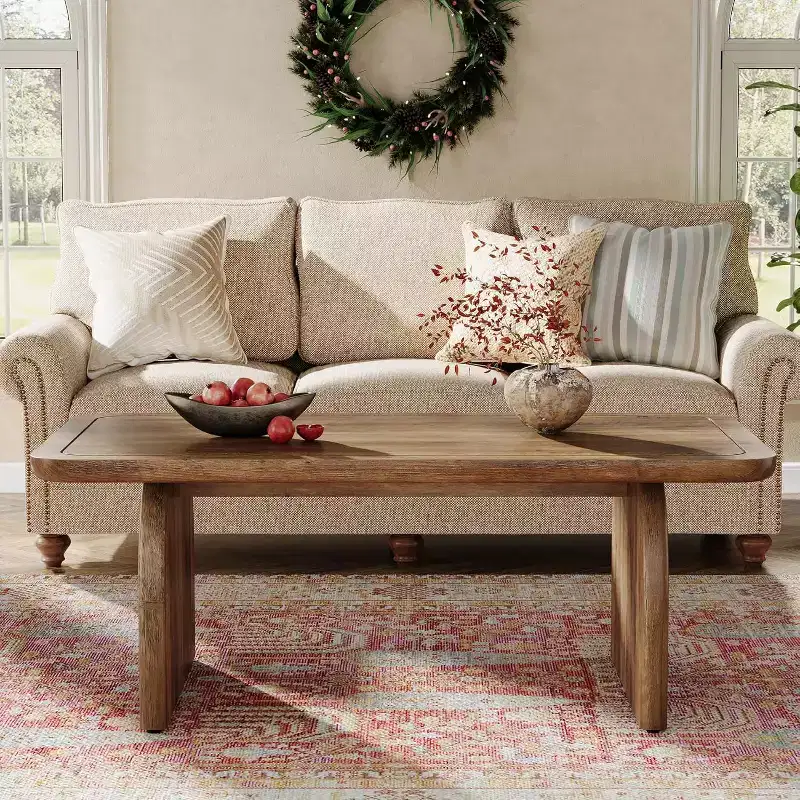 47-Inch Wood Farmhouse Rectangle Coffee Table, Low Cocktail Tea Table, Easy Assembly