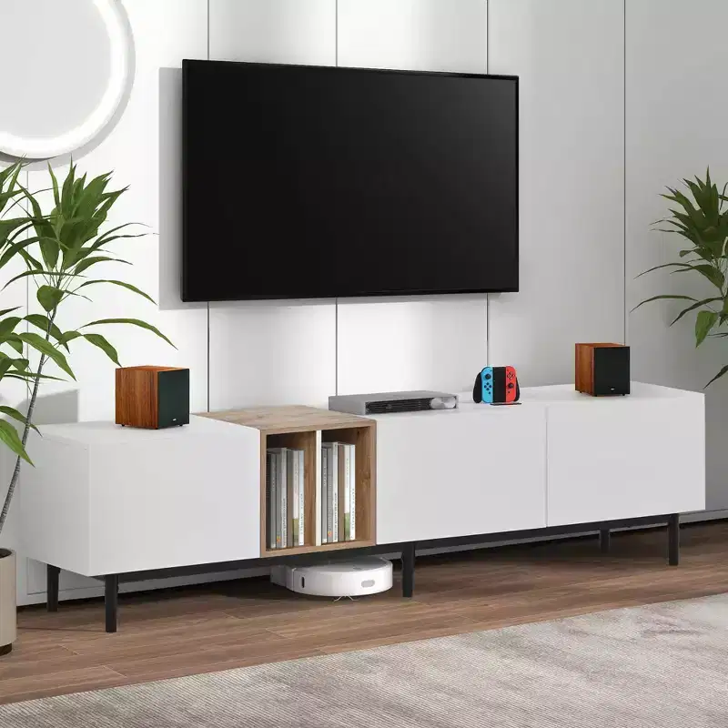 Modern TV Stand for 80 TV with 3 Doors, Entertain Center with Large Storage Cabinet for Living Room Bedroom White