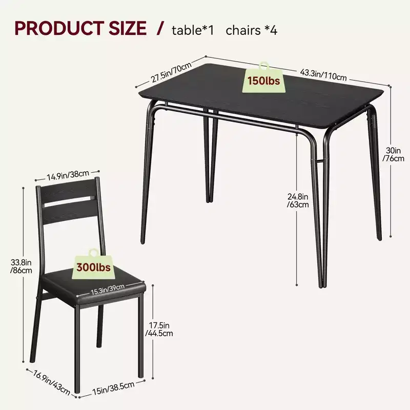 Dining Table Set for 4 with Rectangular Wood Top and Cushioned Chairs, 5 Piece Kitchen & Dining Room Sets for Small Space, Apartment