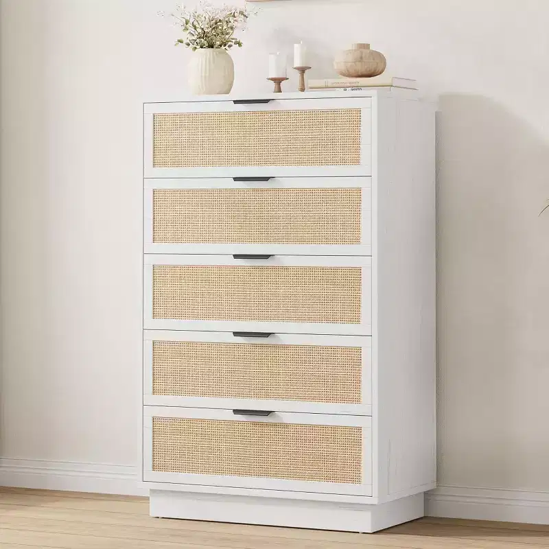 COZONY Vertical Narrow 5-Drawer Chest, Woven Rattan Design MDF PB Construction for Bedroom Living Room