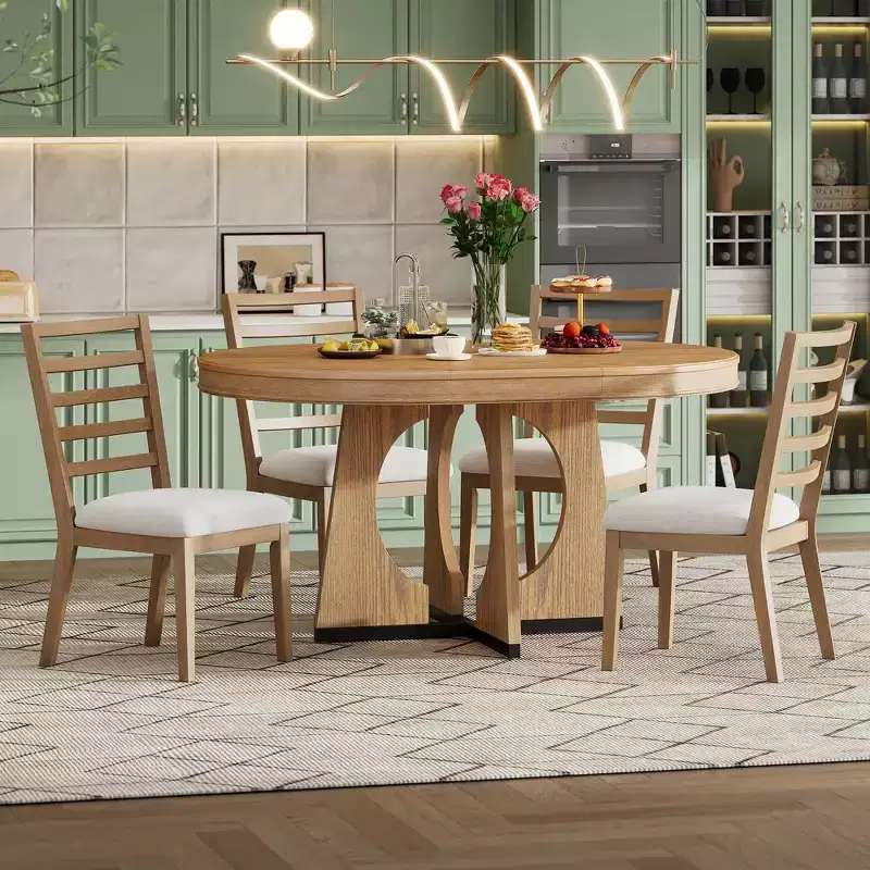 Farmhouse Extendable Round Dining Set for 4, Wood Round Kitchen Table with Leaf, 4 Upholstered Chairs for Dining Room