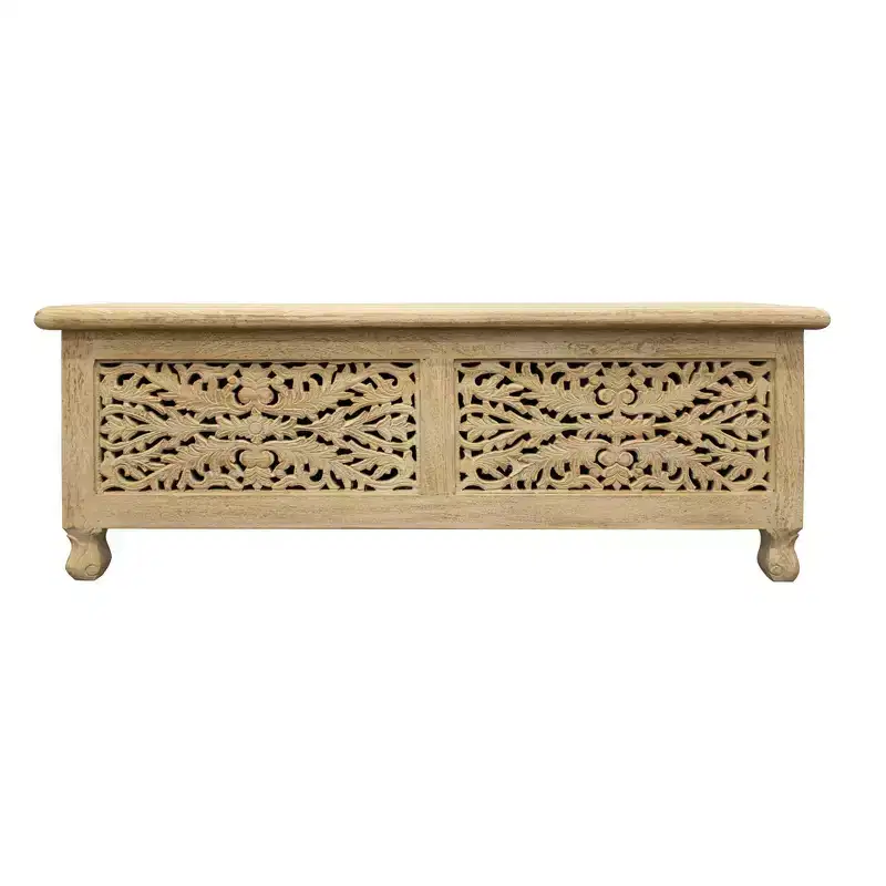 HomeRoots 46 Antique White Solid Carved Wood Scroll Bench with Flip Top
