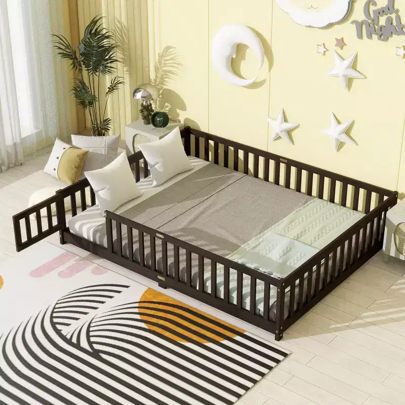 MAYEERTY Queen Floor Bed with Fence,Door, Rubber Wood Floor Bed Guardrails Brown