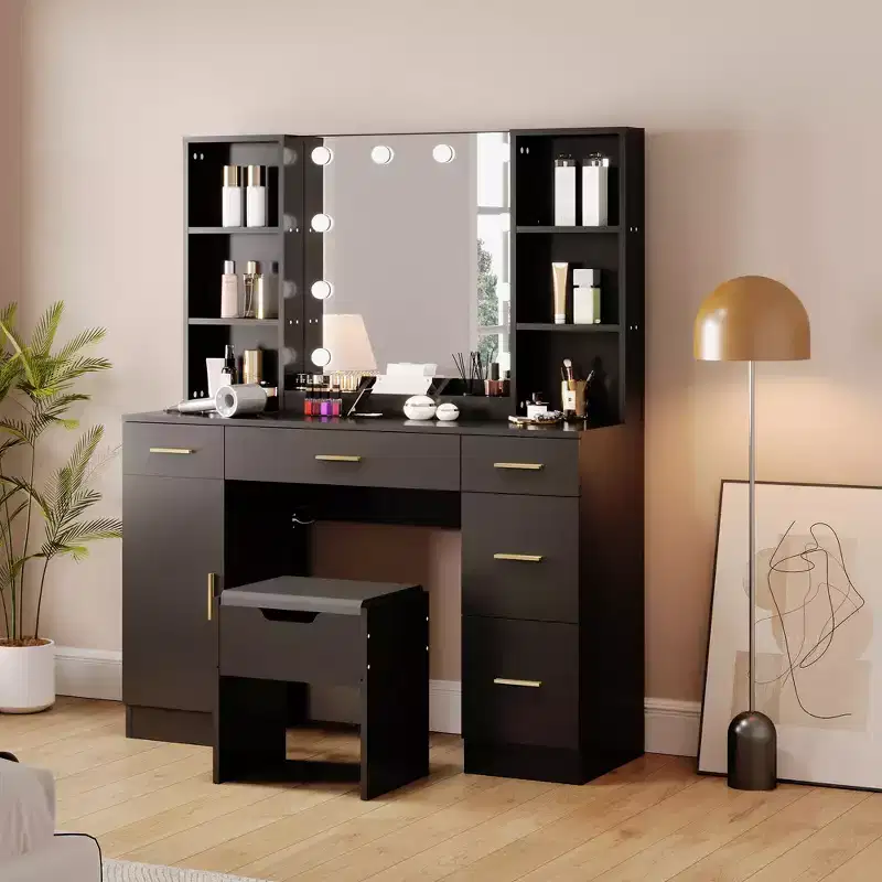 COZONY Farmhouse Vanity Set with Lighted Mirror, Makeup Dressing Table with Charging Station and Storage for Bedroom
