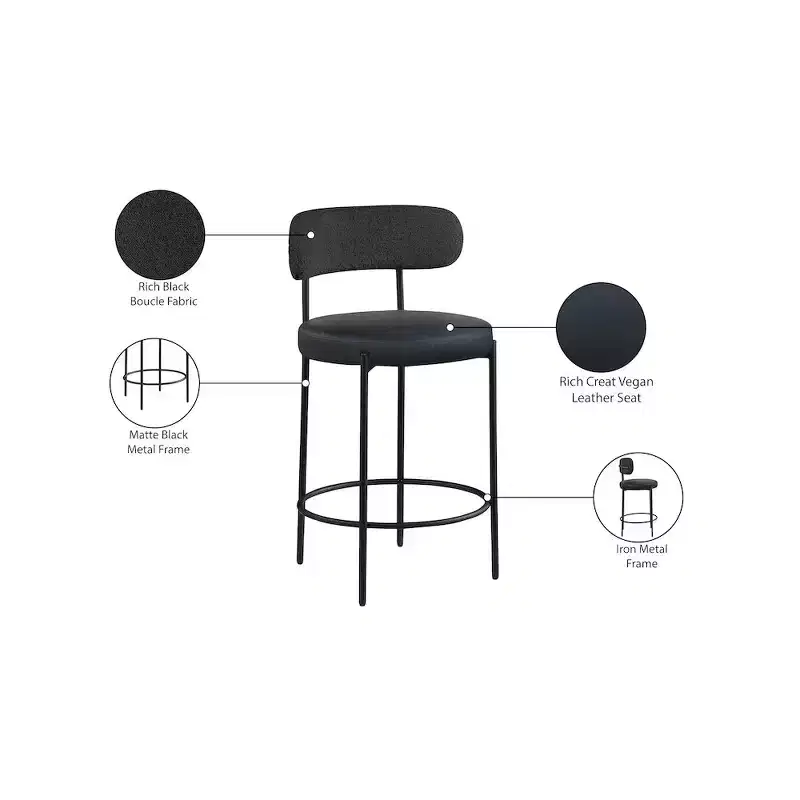 Meridian Furniture,Beacon Black Vegan Leather Seat Stool, Set of 2