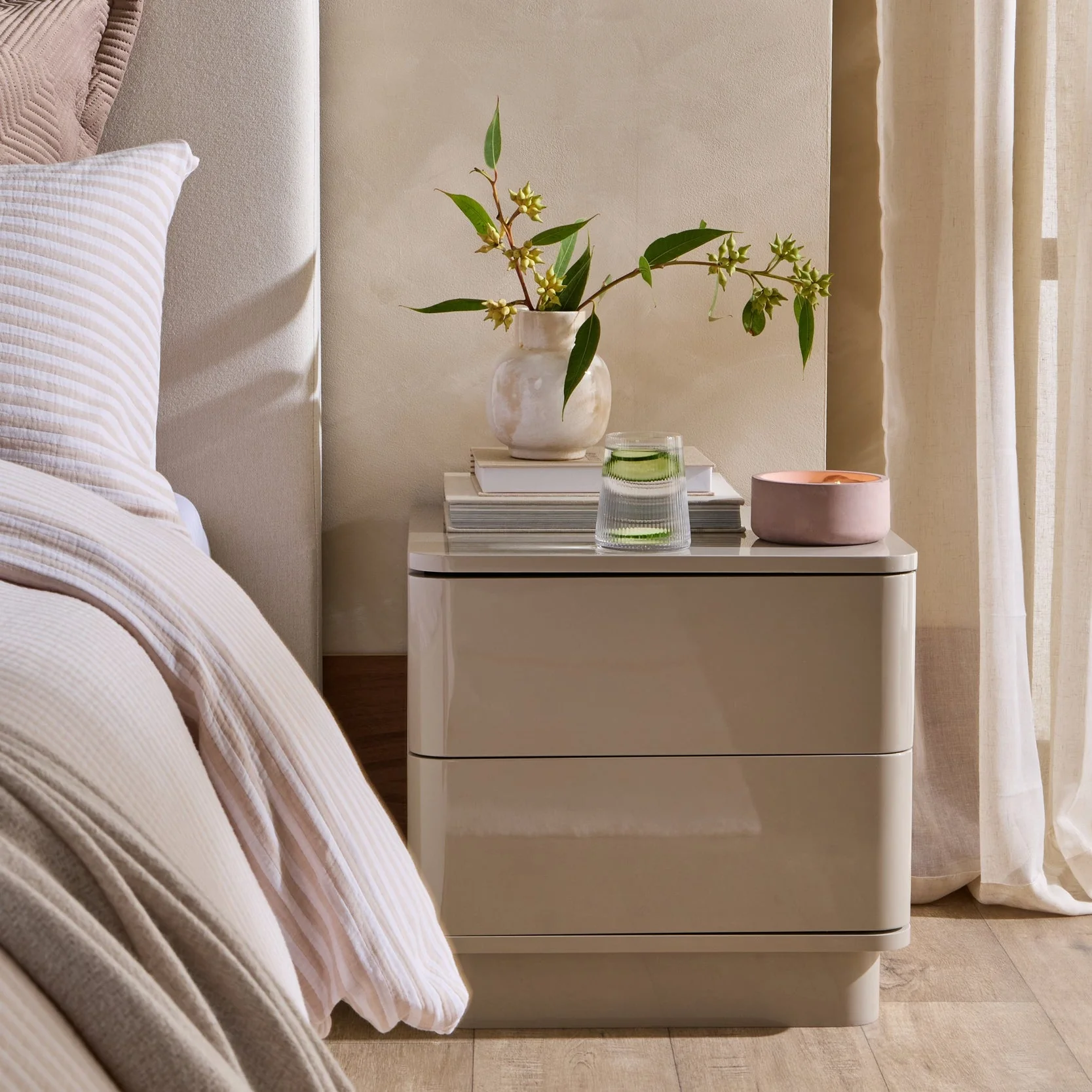 High Gloss 2 Drawer Bedside Table - Taupe