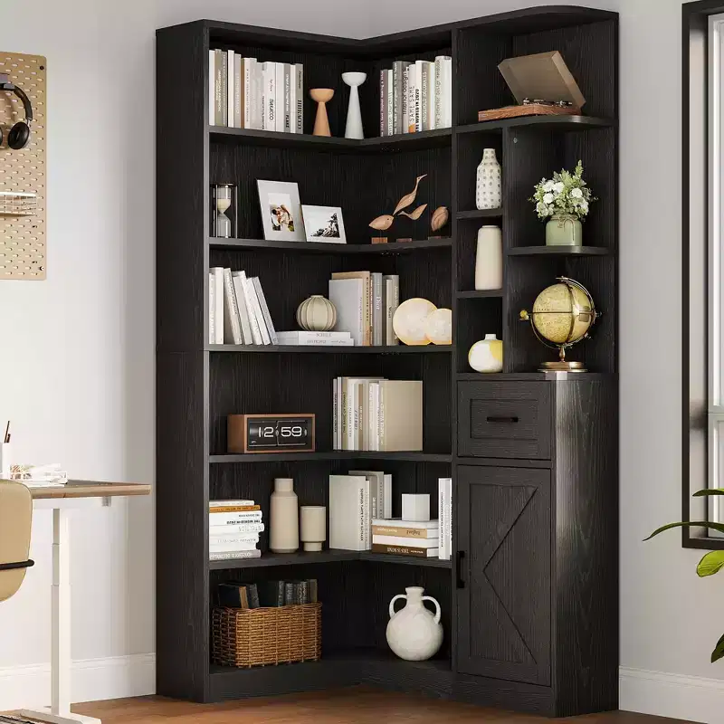 Corner Bookshelf, 74 Tall Corner Bookshelves, 6 Tiers L-Shaped Bookcase with Open Shelves and Storage Drawers for Living Room or Home Office