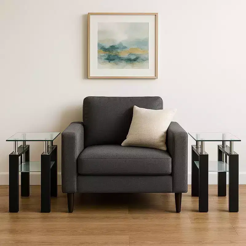 HomeRoots Set of Two Clear and Black Glass and Metal Square End Tables With Shelf