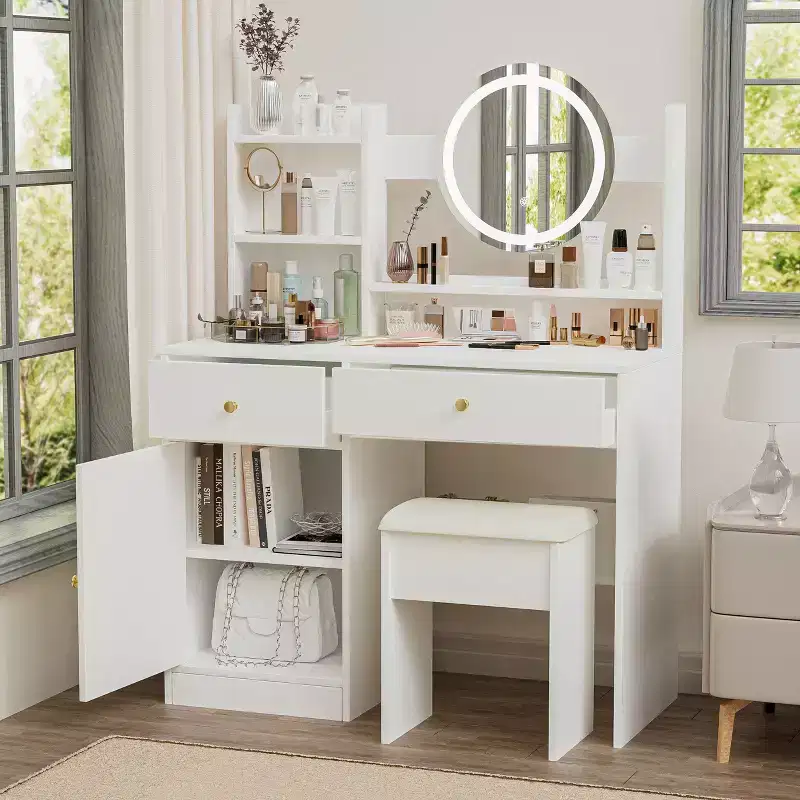 Okak Elegent Makeup Vanity with Cushioned Chair, Vanity Table with Round Mirror and Ample Storage, Makeup Desk for Living Room, Bedroom, White