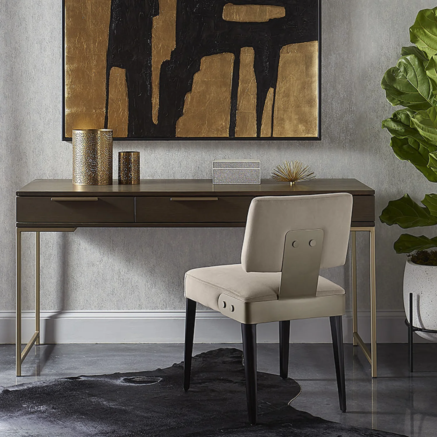 Modern Oak Desk with Storage - Office | Brushed Gold Finish