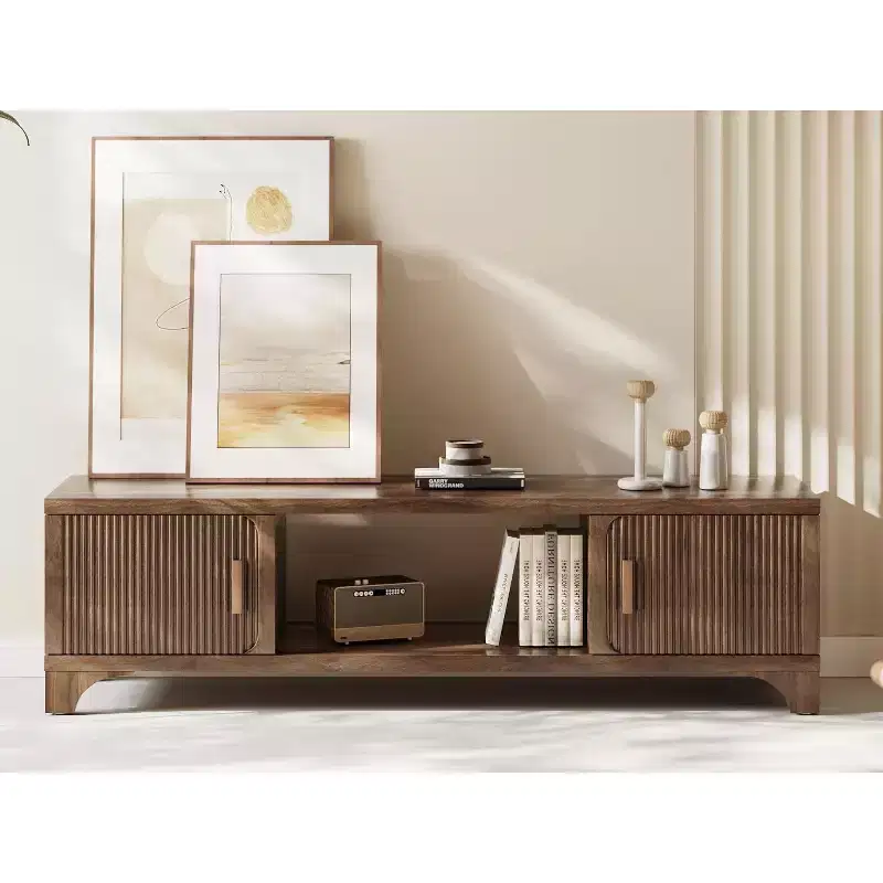 SUGIFT Mid Century Modern TV Stand for 5565 Inch TVs  Boho Media Console with Fluted Doors, Storage Cabinets & Open Shelf