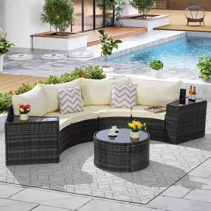 GDFStudio Halcyon 7 Piece Half-Moon Outdoor Wicker and Metal Chat Set with Tempered Glass Table