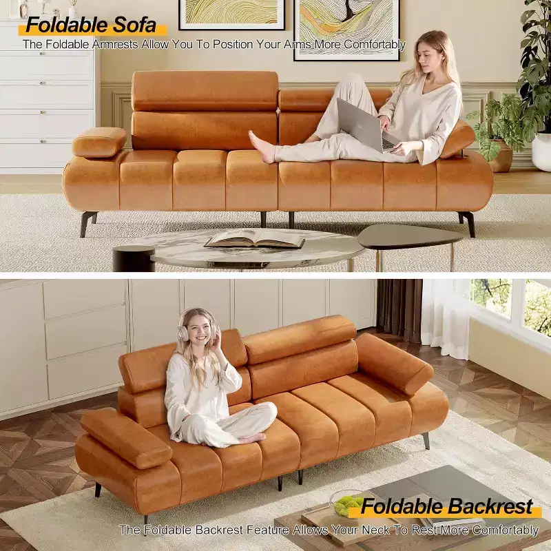 3-Seater Faux Leather Futon Sofa Bed, Convertible Sleeper Couch with Adjustable Backrests Armrests Headrests, with Split Two Separate Sectional Sofas