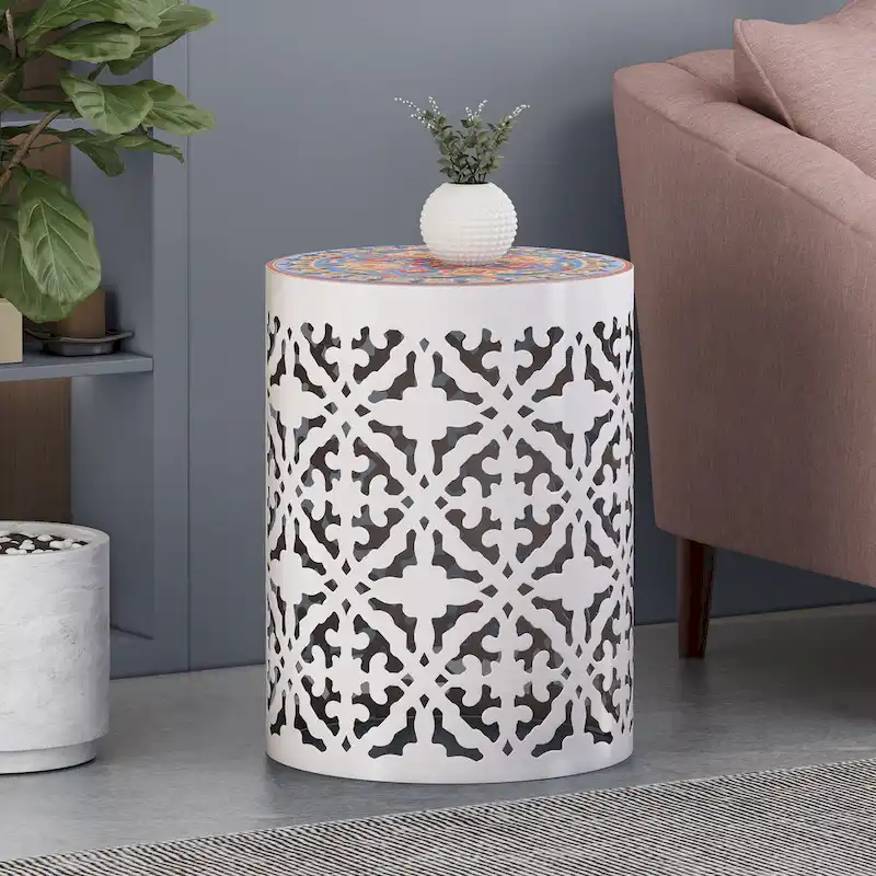 Dark Blue / White / Teal + Multi-Color Mosaic Tile Top Lace Cut Metal Accent Table, 1-Piece
