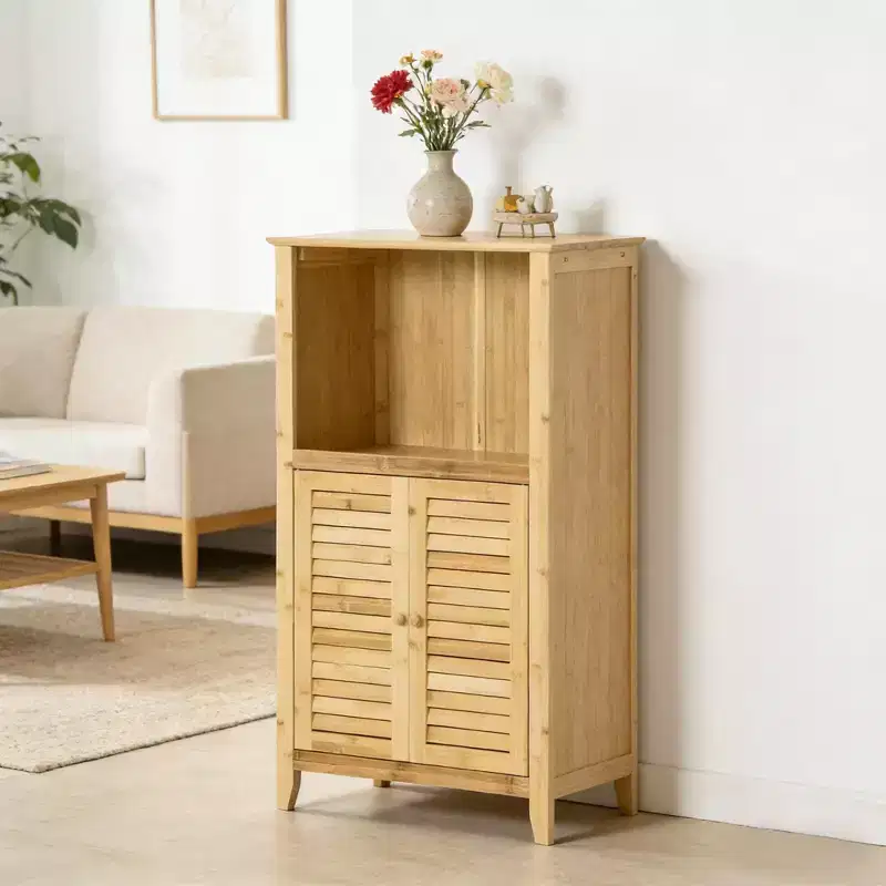 GDFStudio Retyn Modern 20 Bamboo Bathroom Floor Cabinet with 2 Doors and Open Shelf