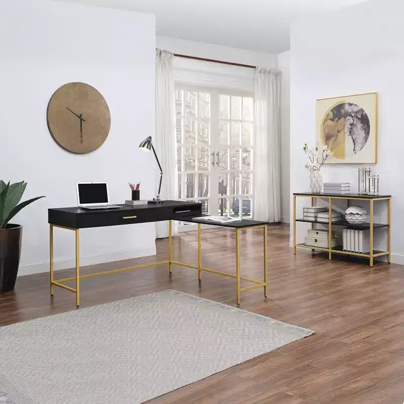 L-Shaped Desk with Built-In Power Tray & Gold Metal Legs